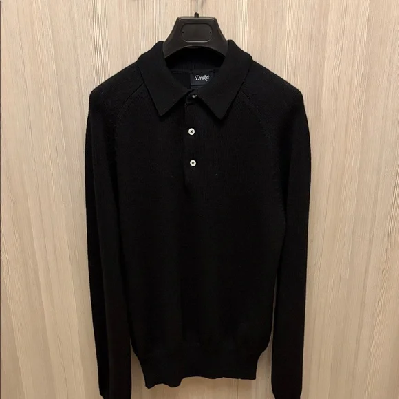 Drakes - Black Merino Wool Knitted Polo - Size M - Picture 3 of 11
